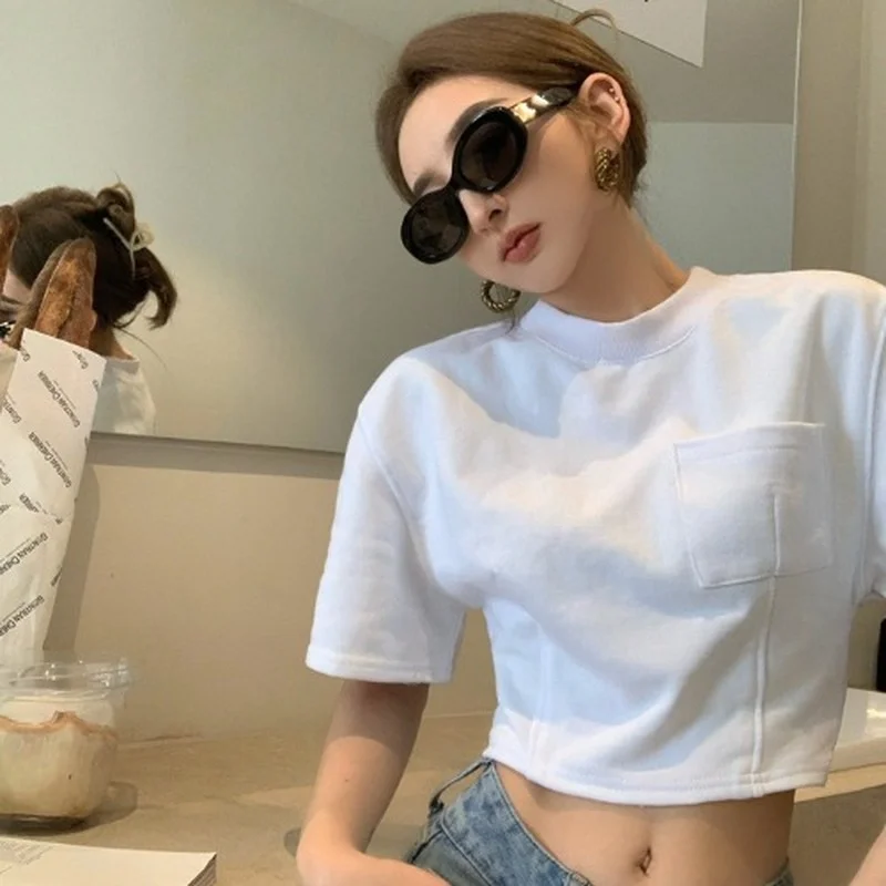 

WDMSNA Korean Ins Summer Simple Retro Woman Tshirts Loose Solid Color Crop Tops Slim Round Neck Short Sleeve T-shirt Women