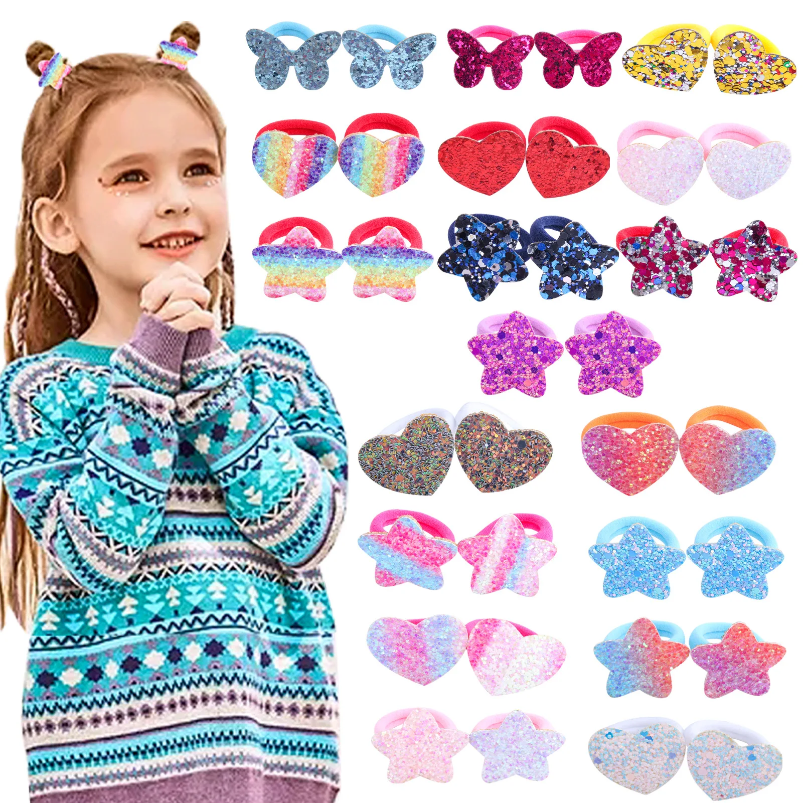 

Girl's High Stretch Towel Ring Rainbow Gradient Star Heart Sequined Rubber Band Hair Ring