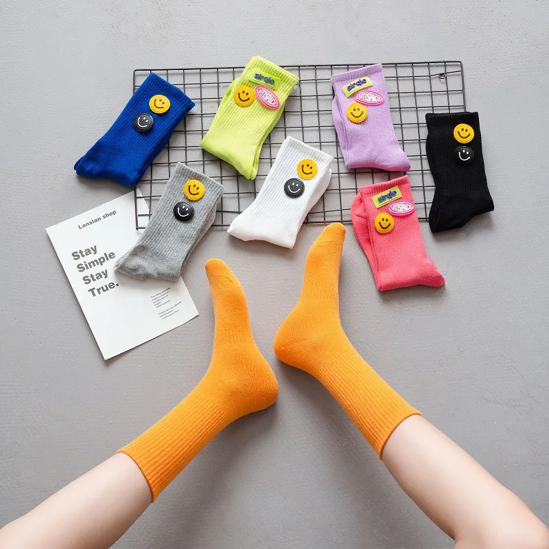 

Medium Tube Woman Socks Solid Color Fashion Letter Label Kawaii Cartoon Smiley Cute Spring Summer Sports Vertical Stripes Women