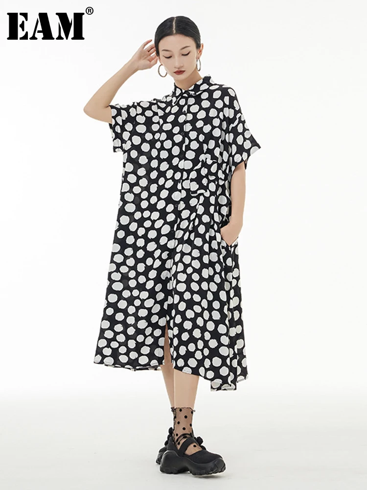 

[EAM] Women Dot Printed Big Size Long Shirt Dress New Lapel Short Sleeve Loose Fit Fashion Tide Spring Summer 2022 1DF0173