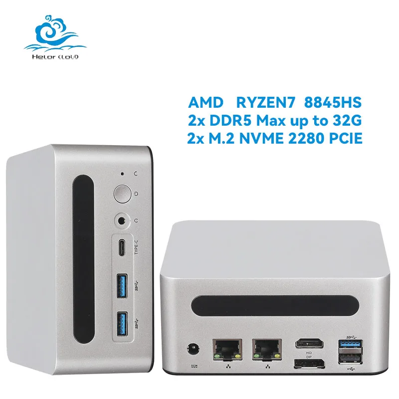 Игровой мини-ПК Helorpc с поддержкой AMD Ryzen7 8845HS WIN10/11 LINUX 2xDDR5 2xUSB 1xHDMI 1xDP 4xUSB 2x2.5G GbE LAN
