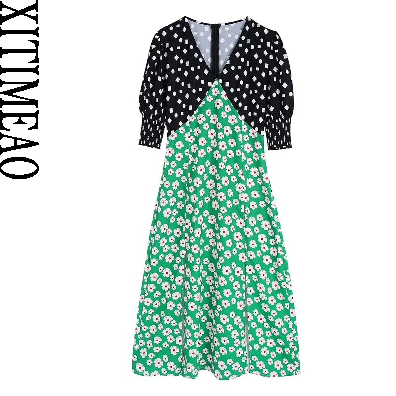 

Xitimeao Women Fashion Patchwork Floral Print Midi Dress Vintage Short Sleeve Back Zipper Female Dresses Vestidos Mujer