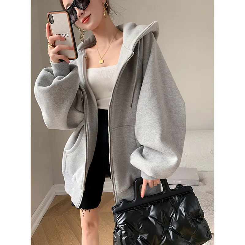 

Pure color sweater 2021 autumn and winter new style gray simple loose hedging drawstring plus cashmere casual hooded sweater wom