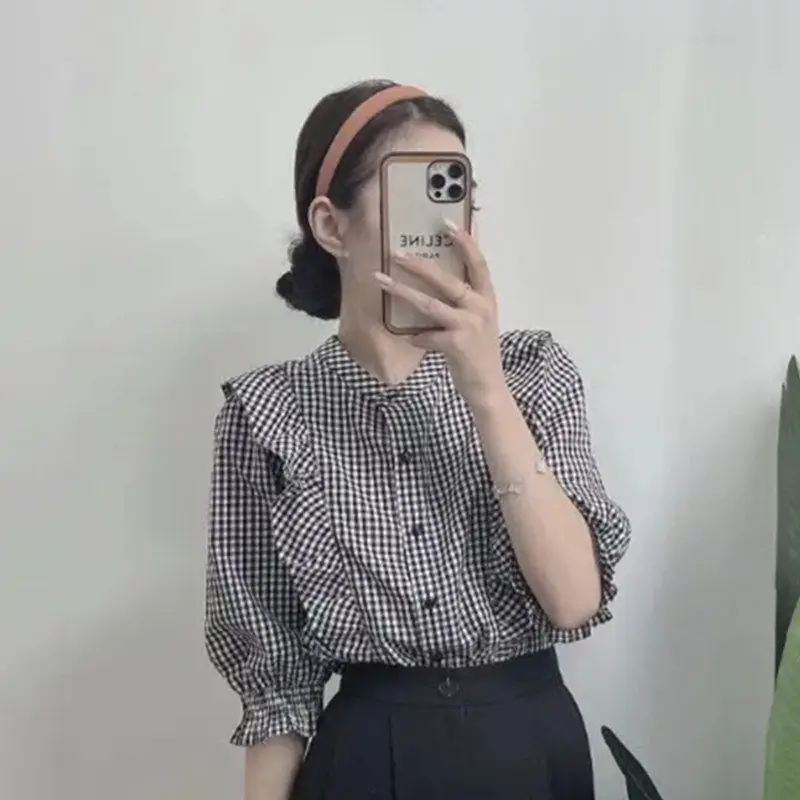 

Women 2022 Summer New French Short-sleeved Plaid Shirts Female Loose Short Sleeve Blouses Ladies O-neck Casual Shirts H14