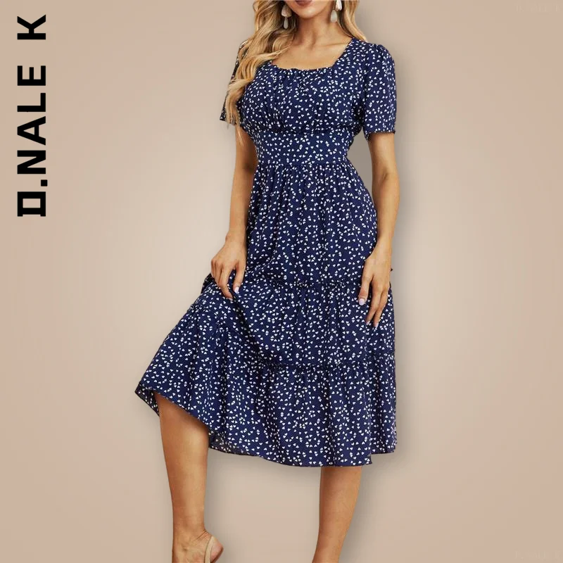 

Fashion Women Dress Short Sleeve Square Collar Ruffles Medium Long Chiffon Dress Elegant Girl Clothing Female Vestidos