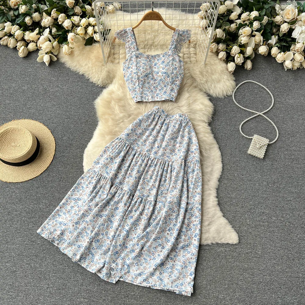 

Women New Fashion Summer Sweet Sleeveless Chiffon Floral Camisole + High Waist Slim A-line Skirt Two-piece Sets E593