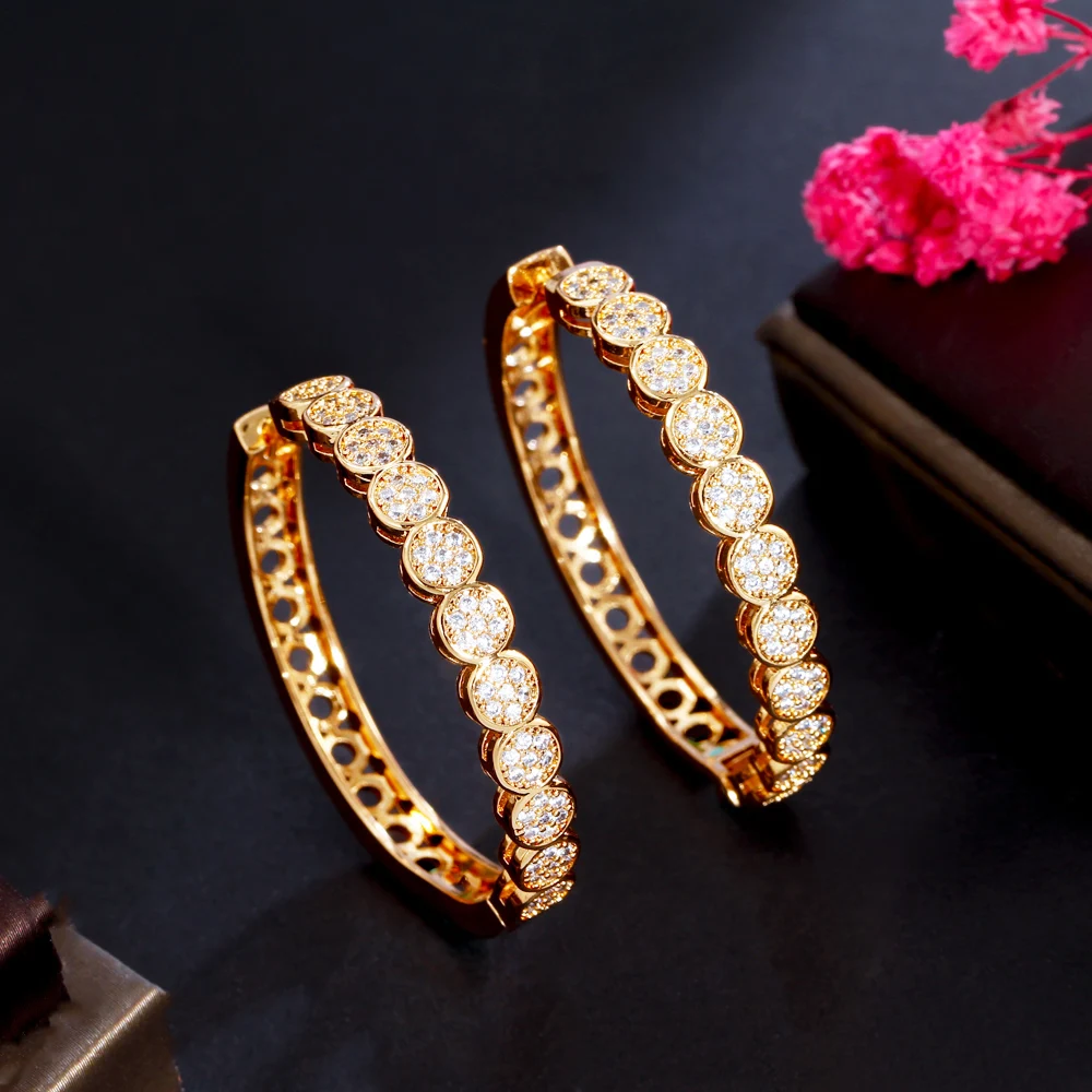 

CWWZircons микро инкрустация кубического циркония классика 585 Позолоченные длинные большие круглые серьги-кольца для женщин ювелирные изделия ...