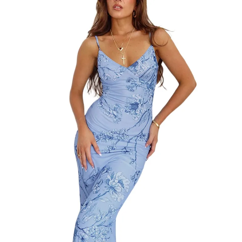

2023 Summer Blue Print Sexy Open Back V-neck Strap Long Dress Slim Slim High Waist Hip Pencil Skirt