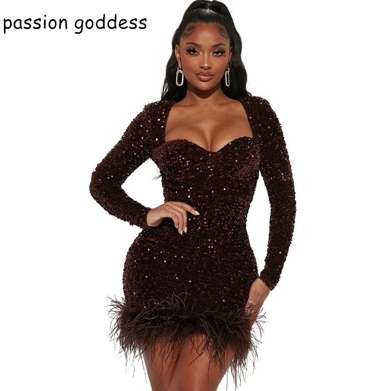 

New 2022 Autumn Women Long Sleeve Bodycon Sexy Sequins Party Dress Square Collar Feather Glitter Fashion Birthday Dress Female