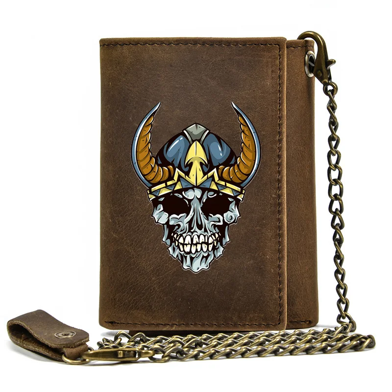 

High Quality Men Genuine Leather Wallet Anti Theft Hasp With Iron Chain Norse Mythology Skull Cover Card Holder Short Purse