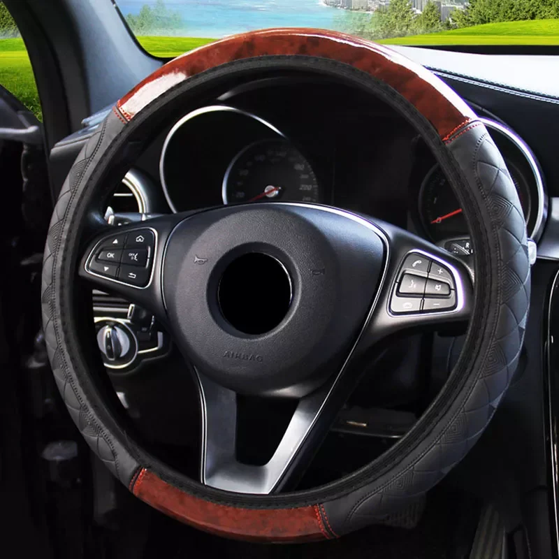 

Color New High Quality Car Steering Wheel Covers Wood Grain Mahogany Leather Embossed No Elastic Band Anti-Slip 37-38cm