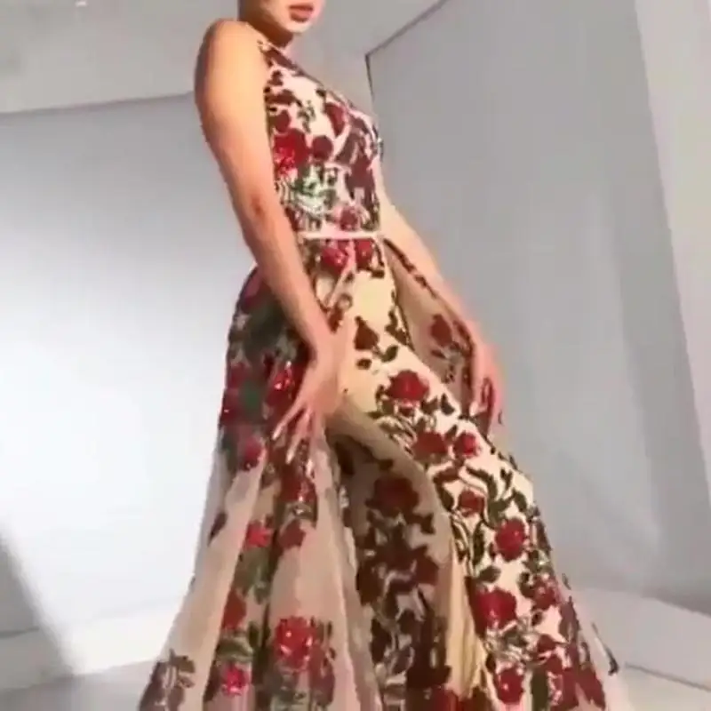 2023 new in Women Elegant A-Line Formal Dress Sexy O-Neck Sleeveless Floral With Belt  Evening Party Birthday Maxi Dresses