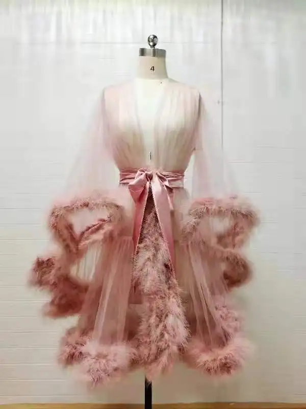 Women's Sexy Feather Bridal Robe Short Chiffon Illusion Wedding Scarf Bathrobe Sleepwear Nightgown