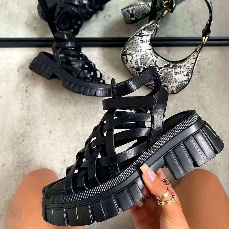 

Women Gladiator Cross Tie Sandals Ladies Casual Open Toe Shoes Female Thick Bottom Platform Comfortable Flat Big Size 3