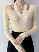 black knit sweater sexy hollow out sweaters women 2022 autumn winter clothes halter v neck long sleeve top slim pullover woman