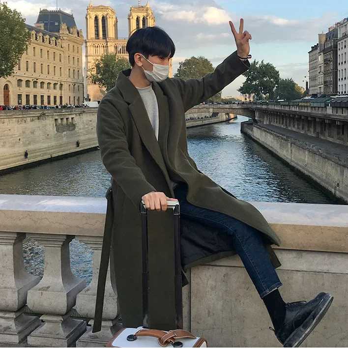 Мужское утолщенное теплое шерстяное пальто в японском стиле с длинным рукавом