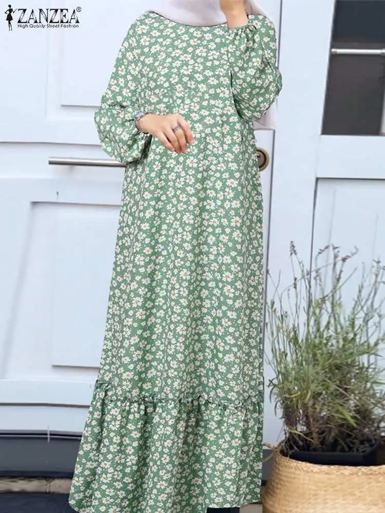 

ZANZEA Elegant Floral Maxi Dresses Muslim Turkey Abaya Women Printed Long Dress Kaftan Hijab Vestidos Oversize Robe Islam Cloth