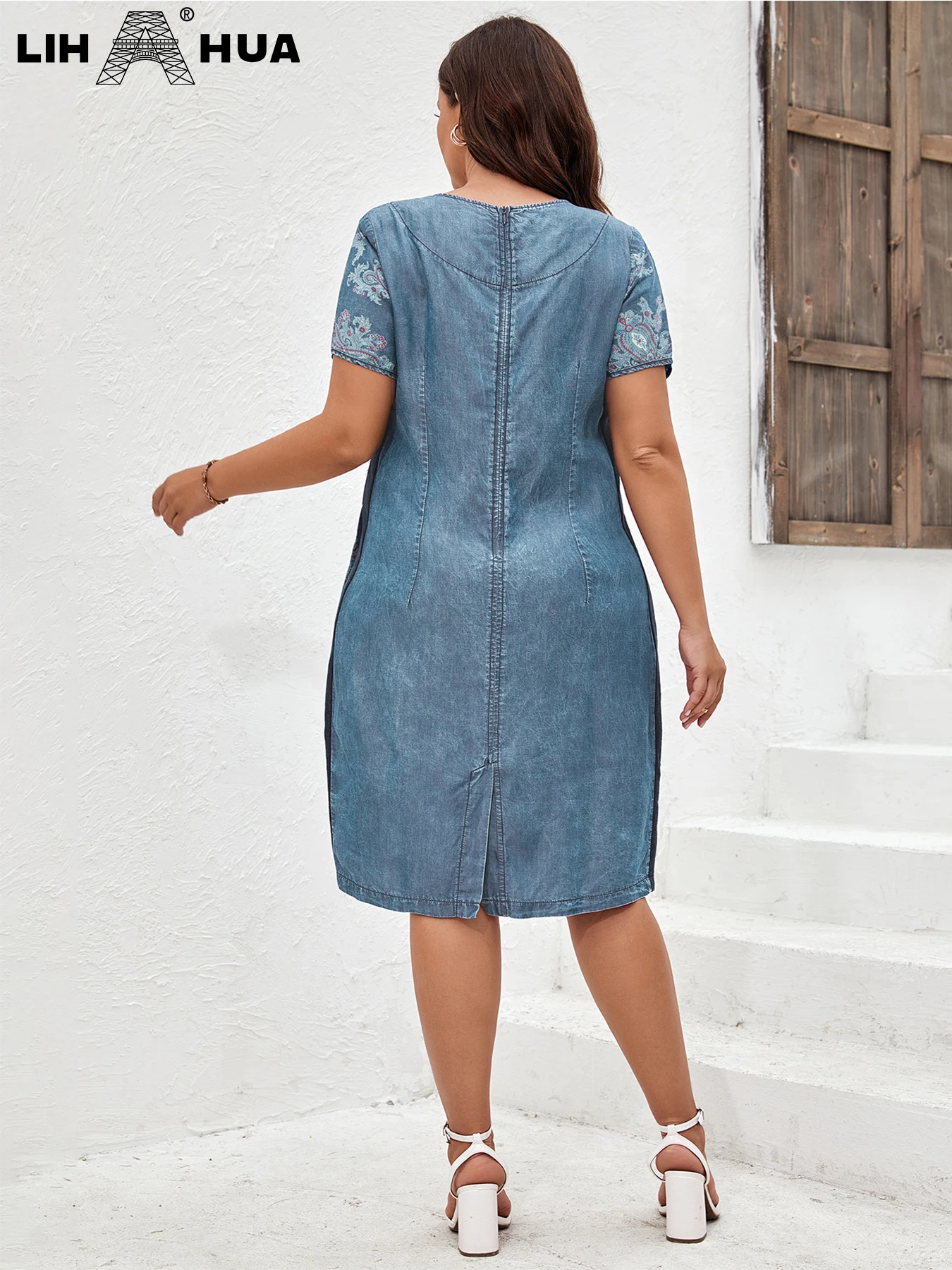 LIH HUA Women's Plus Size Denim Dress Summer Chic Elegant Dress For Chubby Women's Woven Cotton Dress