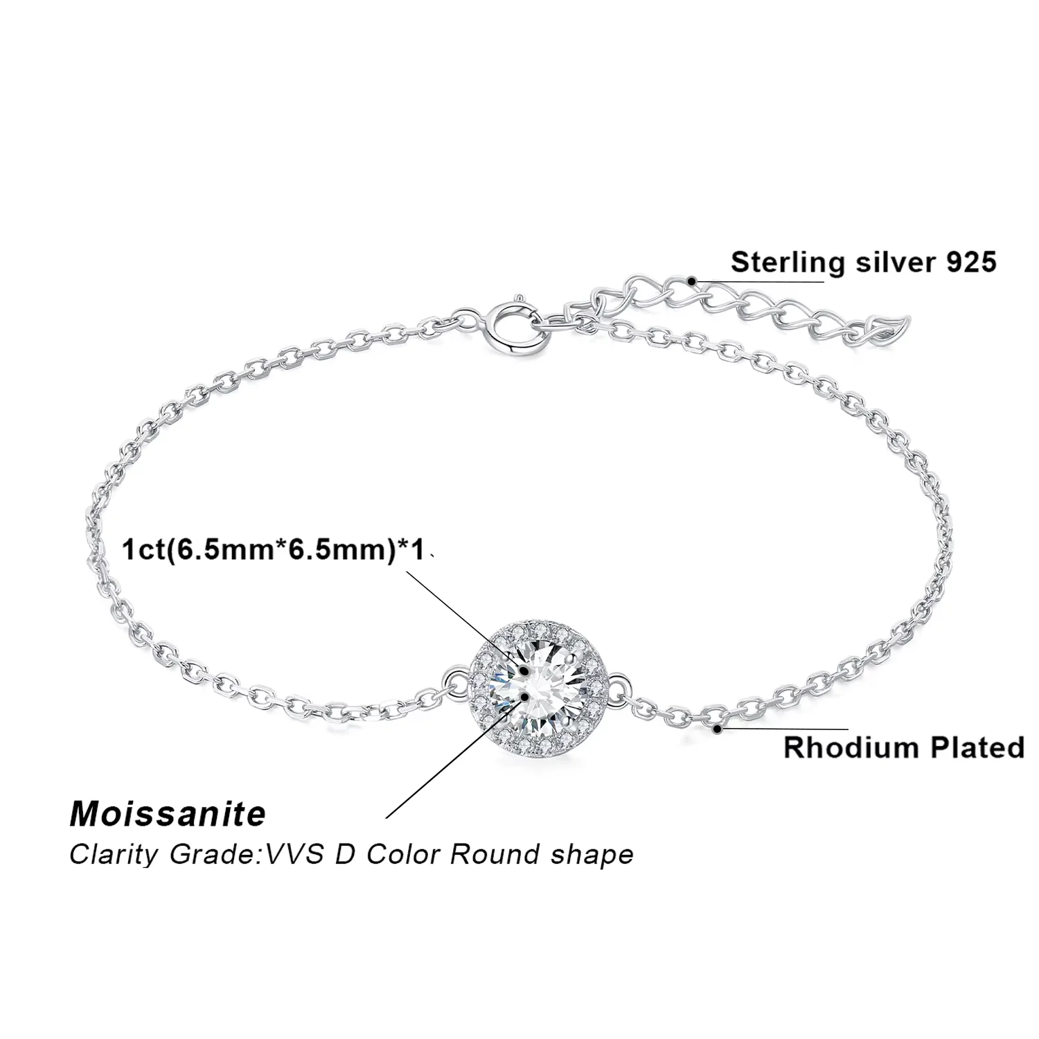 JewelryPalace Муассанит D Цвет 1 карат Круглый браслет из стерлингового серебра 925 пробы