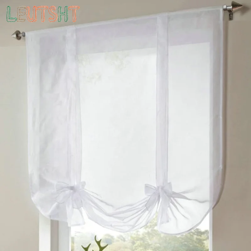 

Pure White Sheer Voile Roman Curtains for Living Room Bedroom Ribbon Stripe Valance for Kitchen Bathroom Balcony Tulle Window