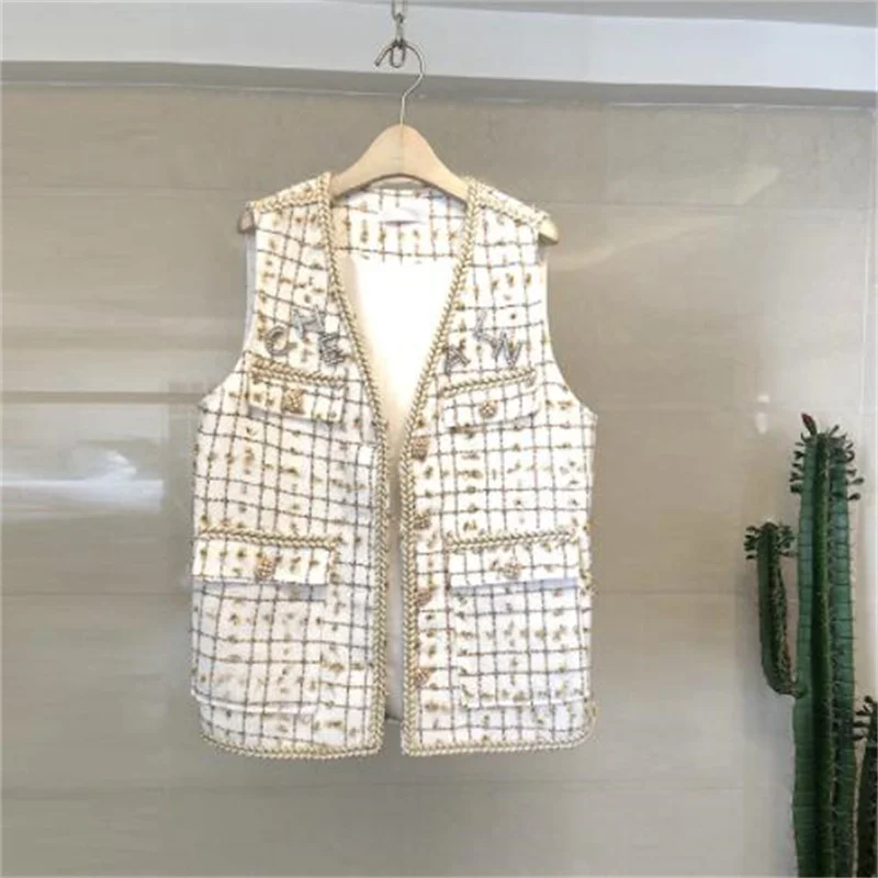 New plaid vest women's spring summer outer vests retro diamond jewelry fashion small fragrance coat pocket black white