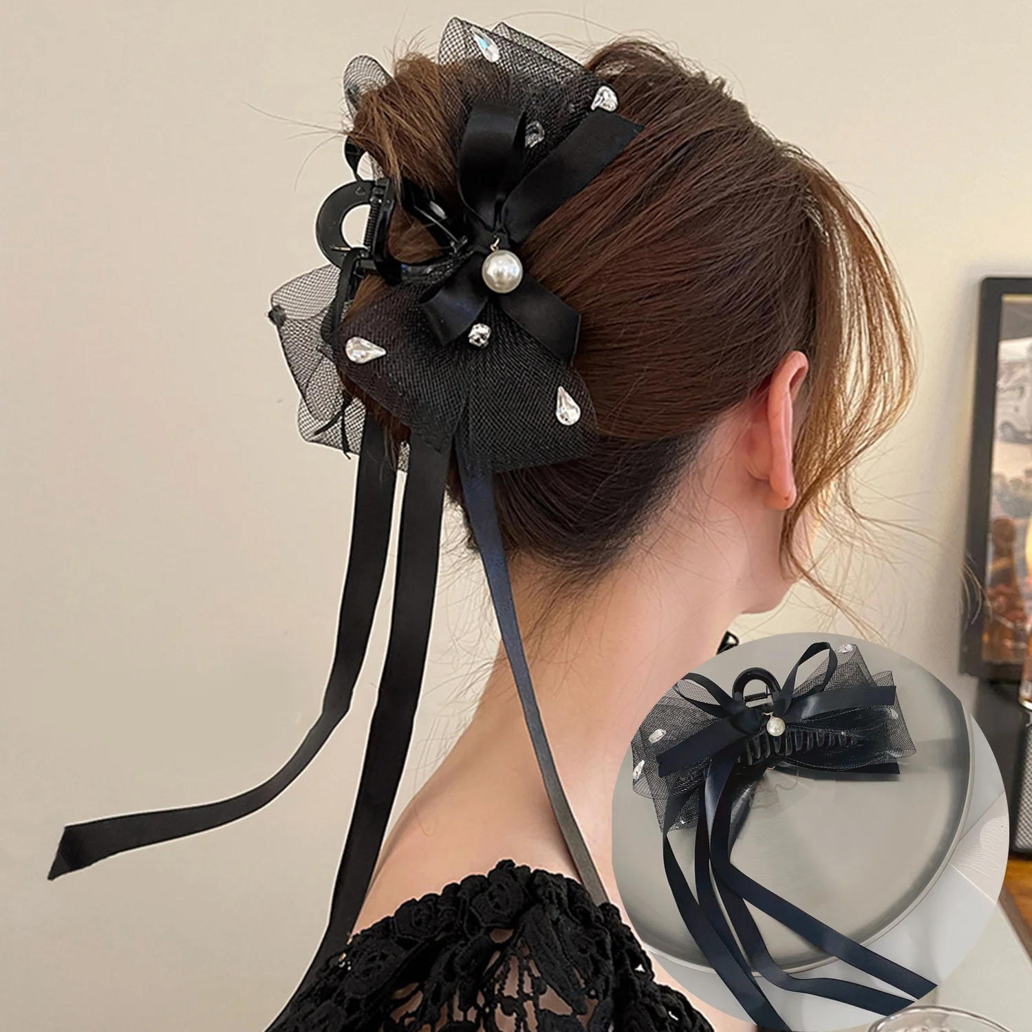 

Sweet Mesh Tulle Tassels Big Bow Hair Claw Clips for Women Elegant Black Bowknot Ponytail Clip Hair Clamp Headdress Accessories