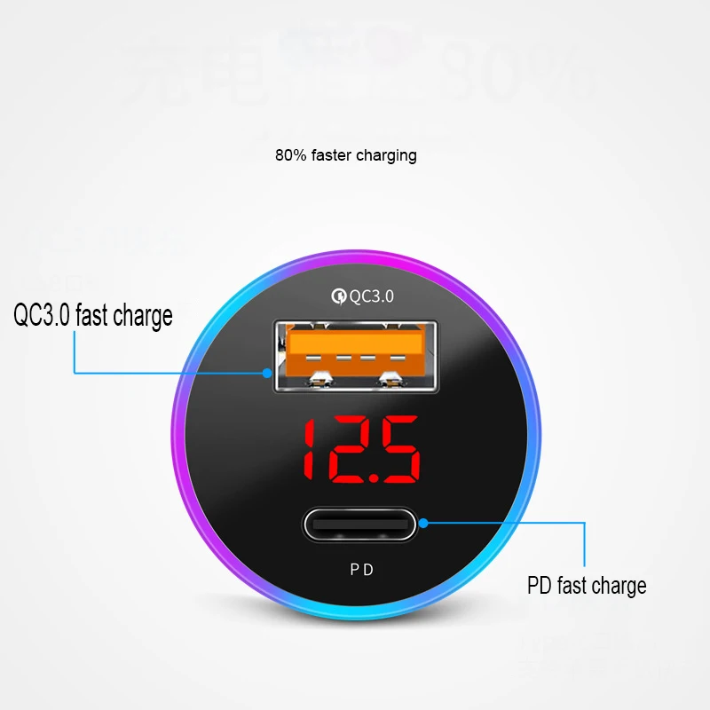 New PD Car Charger QC3.0 Dual USB Fast Charge Type-CPD Digital Display With LED Display Battery Voltage Monitoring