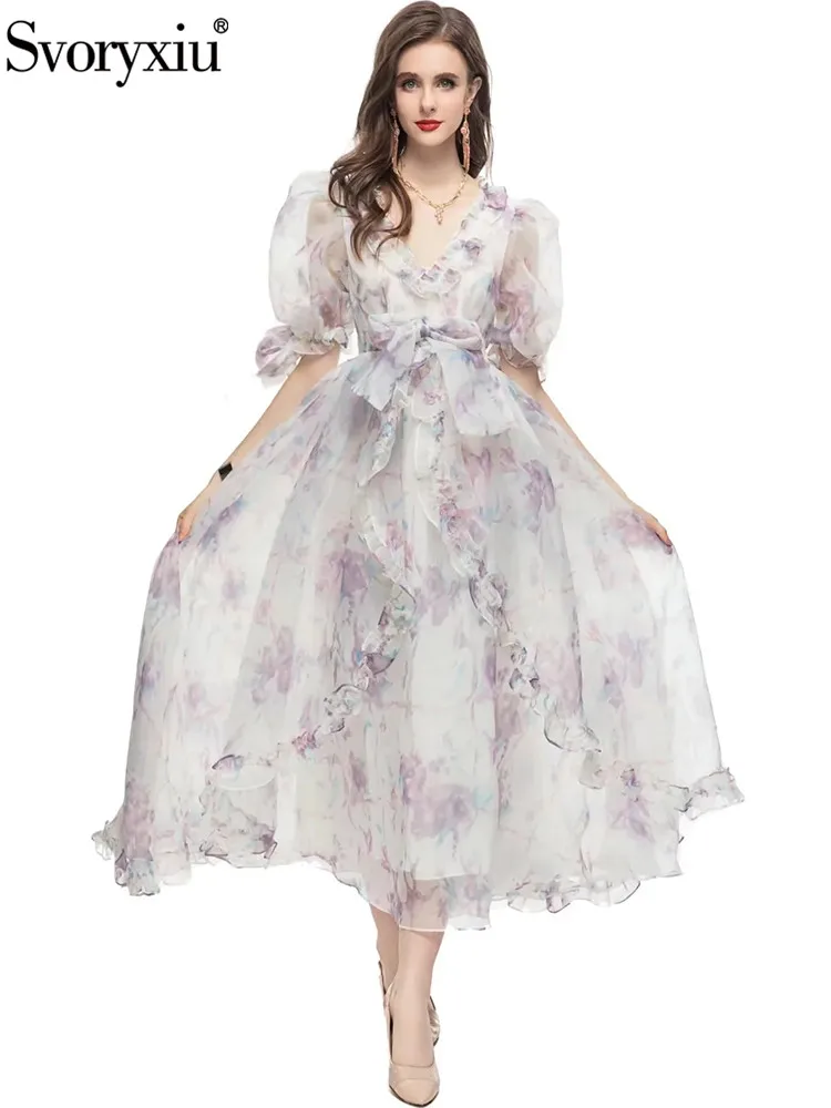 Svoryxiu Summer Fashion Party Gorgeous Elegant Long Dress Women's V-Neck Belt Slim Floral Print Flounces Big Swing Dress