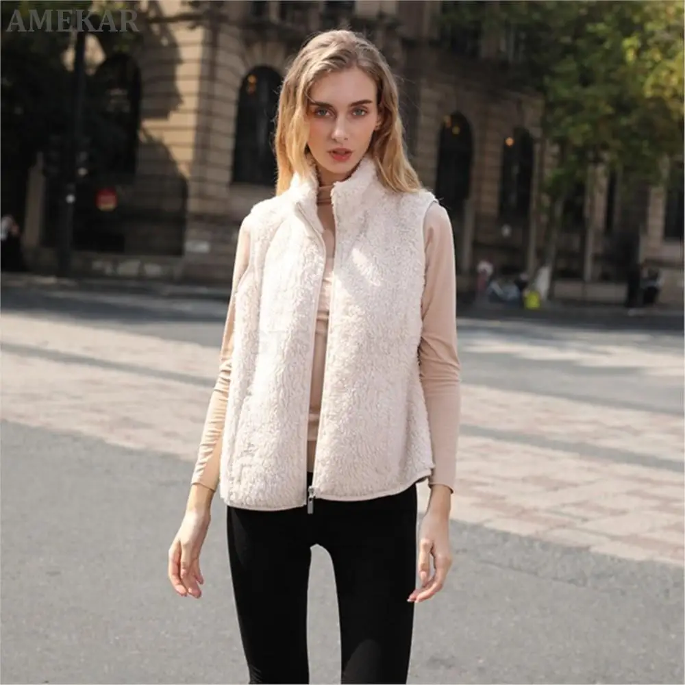 Women Winter Luxury Real Fur Stand Collar Vest Pure Color Zipper Warm Adult Waistcoat Leisure Designer Thermal Real Fur Coat
