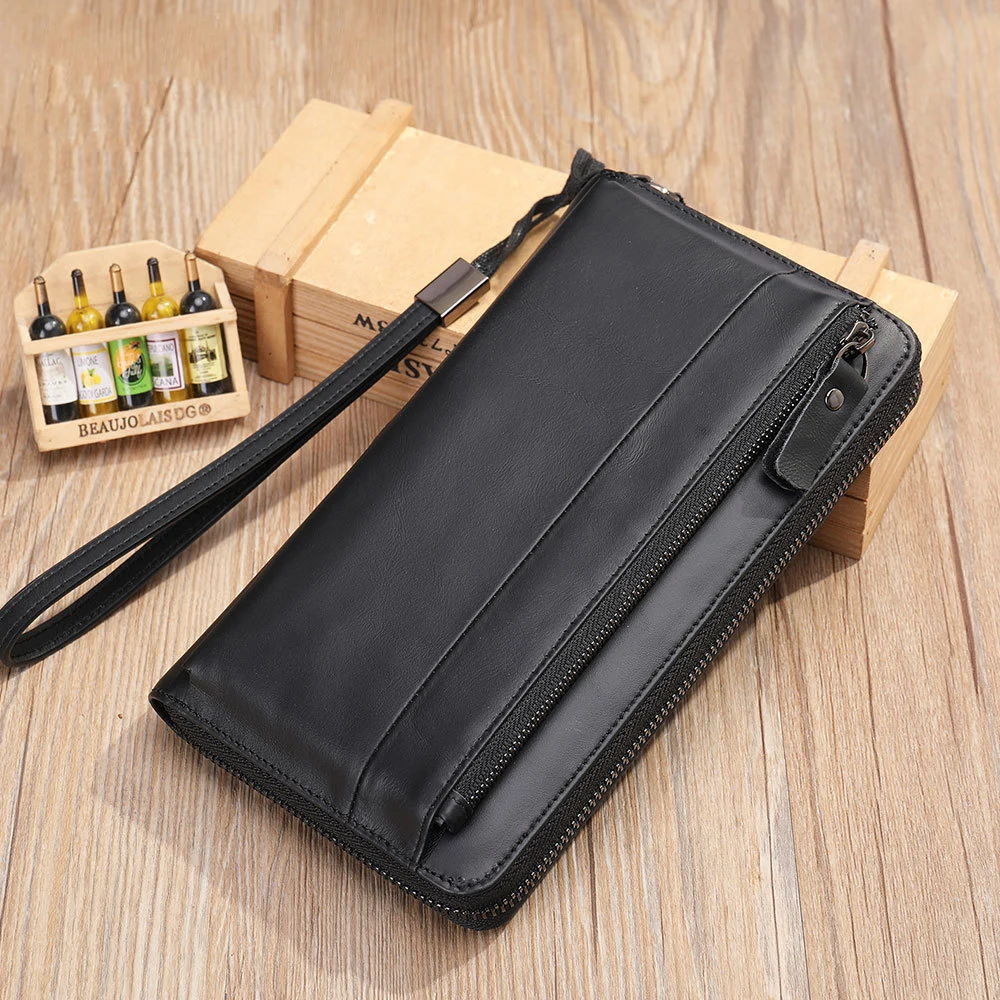 

New leather men's clutch bag mans large capacity multi-slot first layer cowhide male clutches long purse wallet with wristlet