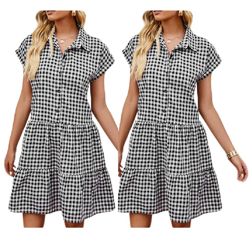 

2PCS Women's New Fashion Plaid Lapel Loose Dress Black, S & L