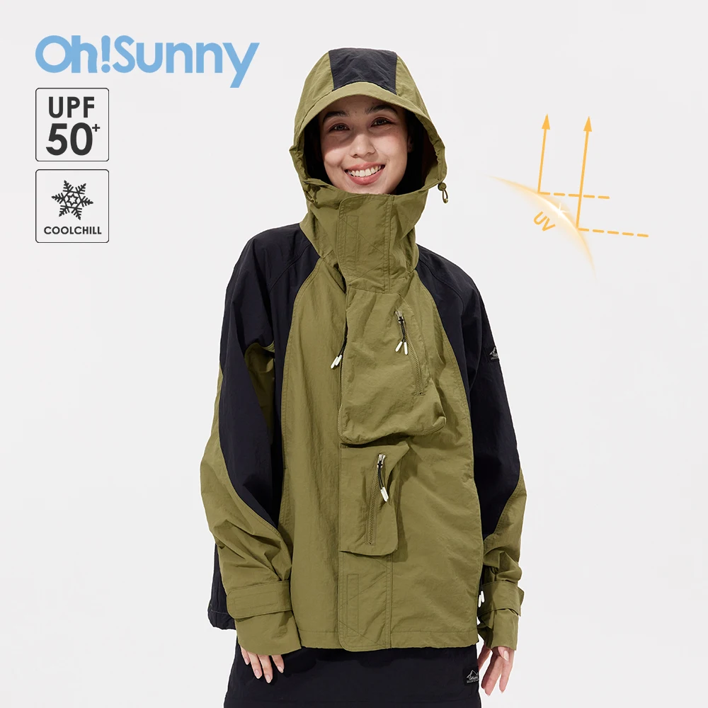 

Ohsunny Neutral Hooded Frock Coat Outdoor Multi-pocket Retro Jacket Waterproof UV Protection UPF50+ Couple Sunscreen Clothing