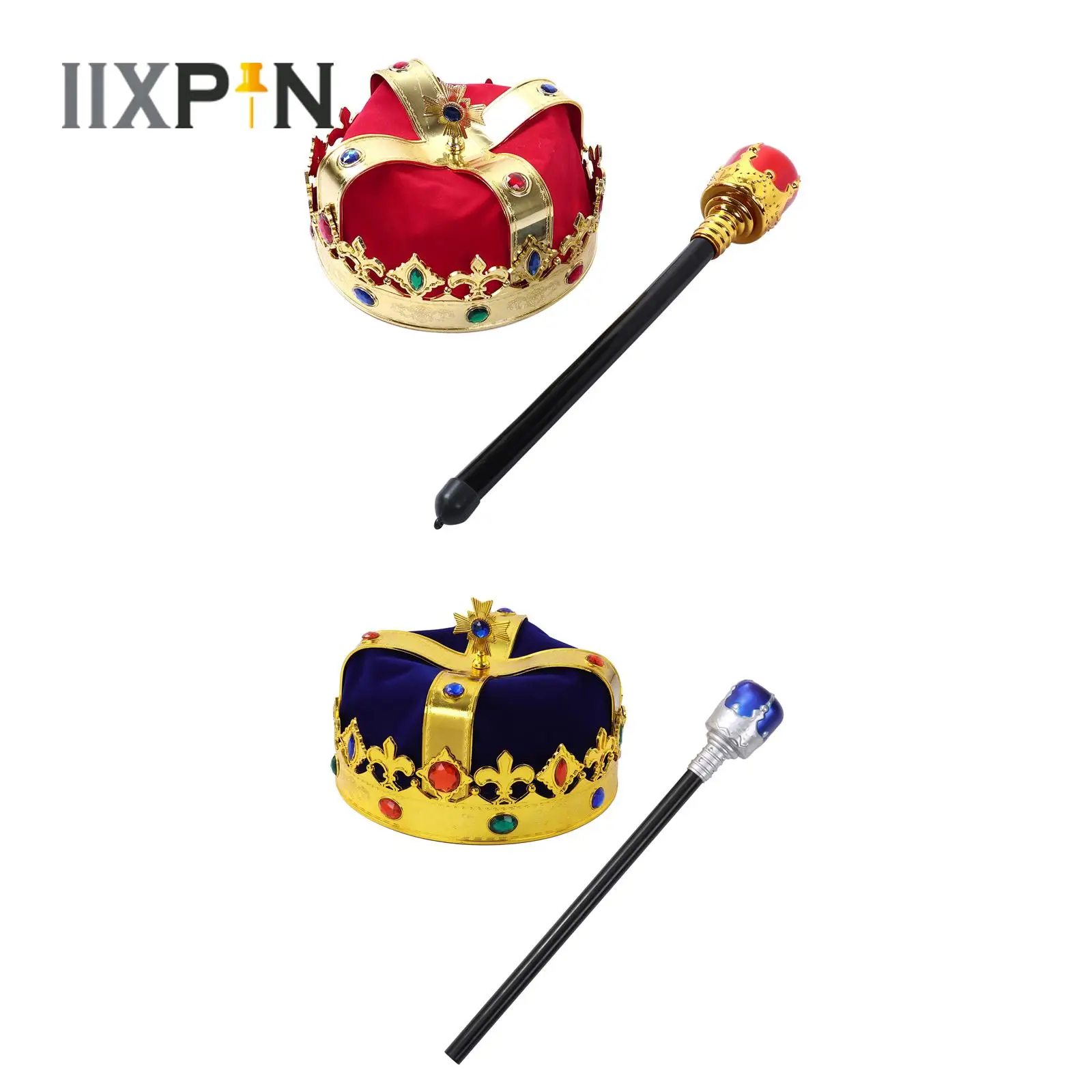 Hot Kids Children King Crown Hat Scepter Shiny Gemstone King Prince Crown Cap Outfit Cosplay Halloween Costume Party Accessories