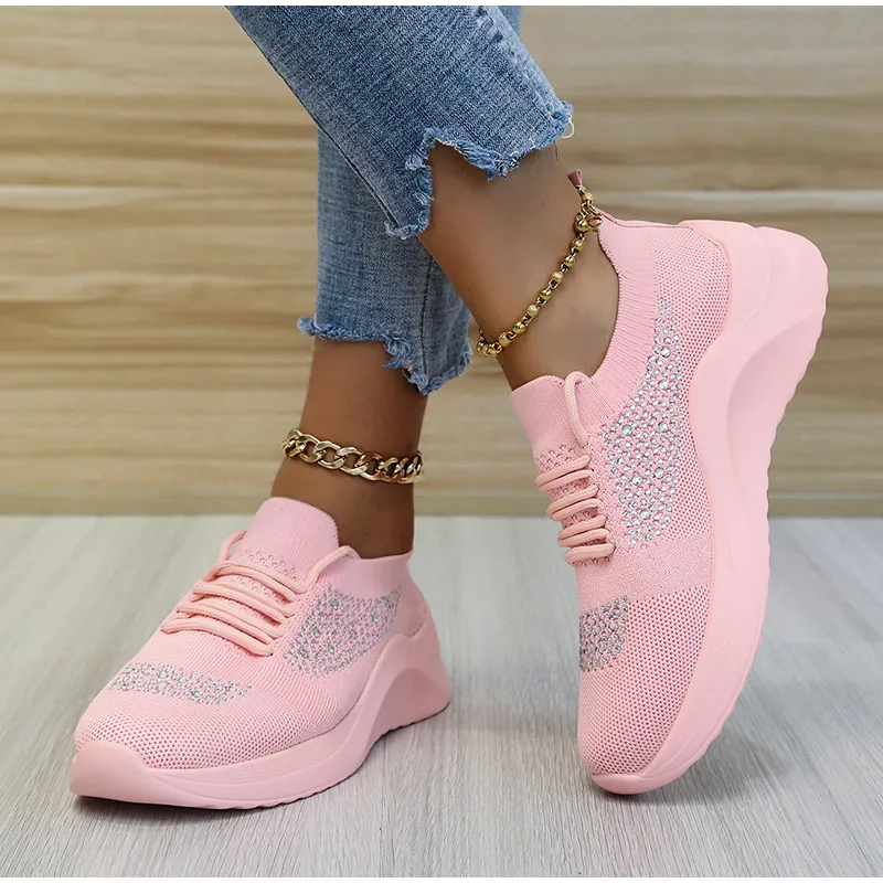

Women Sneakers Vulcanized Shoes 2022 Rhinestones Summer Plus Size 43 Breathable Knitted Women's Running Shoes Casual Lace Up New