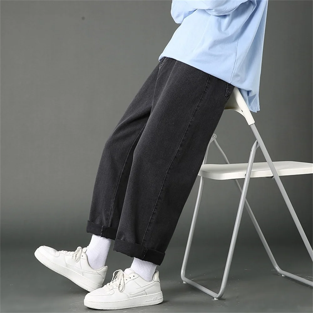 New Autumn Men Denim Wide-leg Pants Korean Style Straight Light Blue Baggy Jeans Elastic Waist Student Trousers Male Black Gray