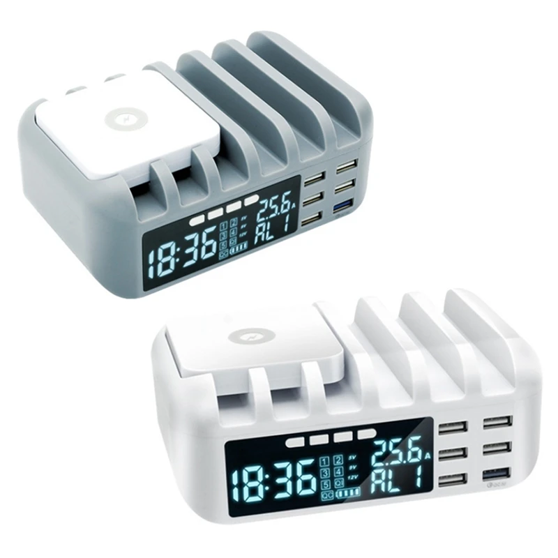 

48W Multi Phone USB Wireless Charger with Clock for IPhone 11 12 Pro Max QC 3.0 LCD Fast Charging Station EU Plug