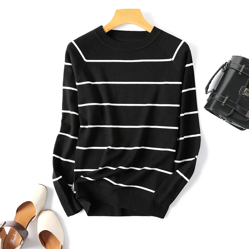 

2023 Autumn Winter Long Sleeve Striped Pullover Women Sweater Knitted Sweaters O-Neck Tops Korean Pull Femme Jumper Female White