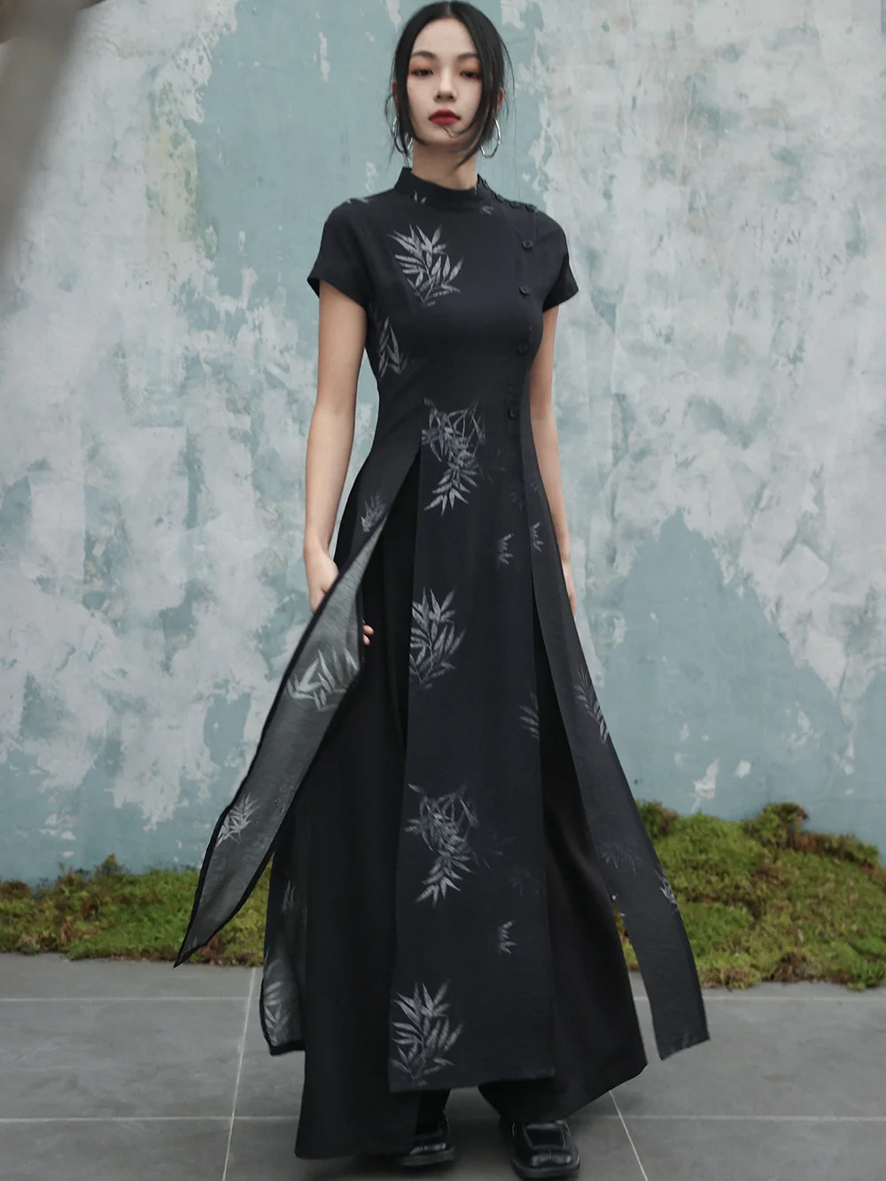 Новинка элегантное женское китайское платье UMI MAO с принтом бамбуковых листьев