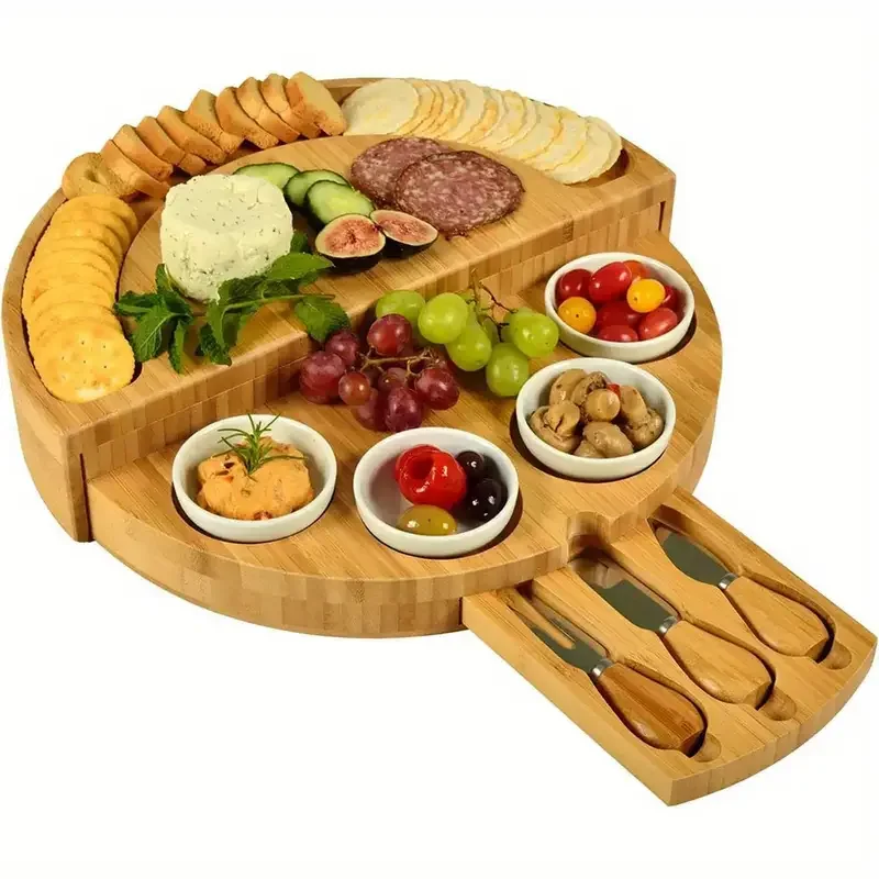 1 Set Bamboo Cheese Board Set With Integrated Slide-Out Drawer Foldable Storage Home Friends Party Bread Cutting Board
