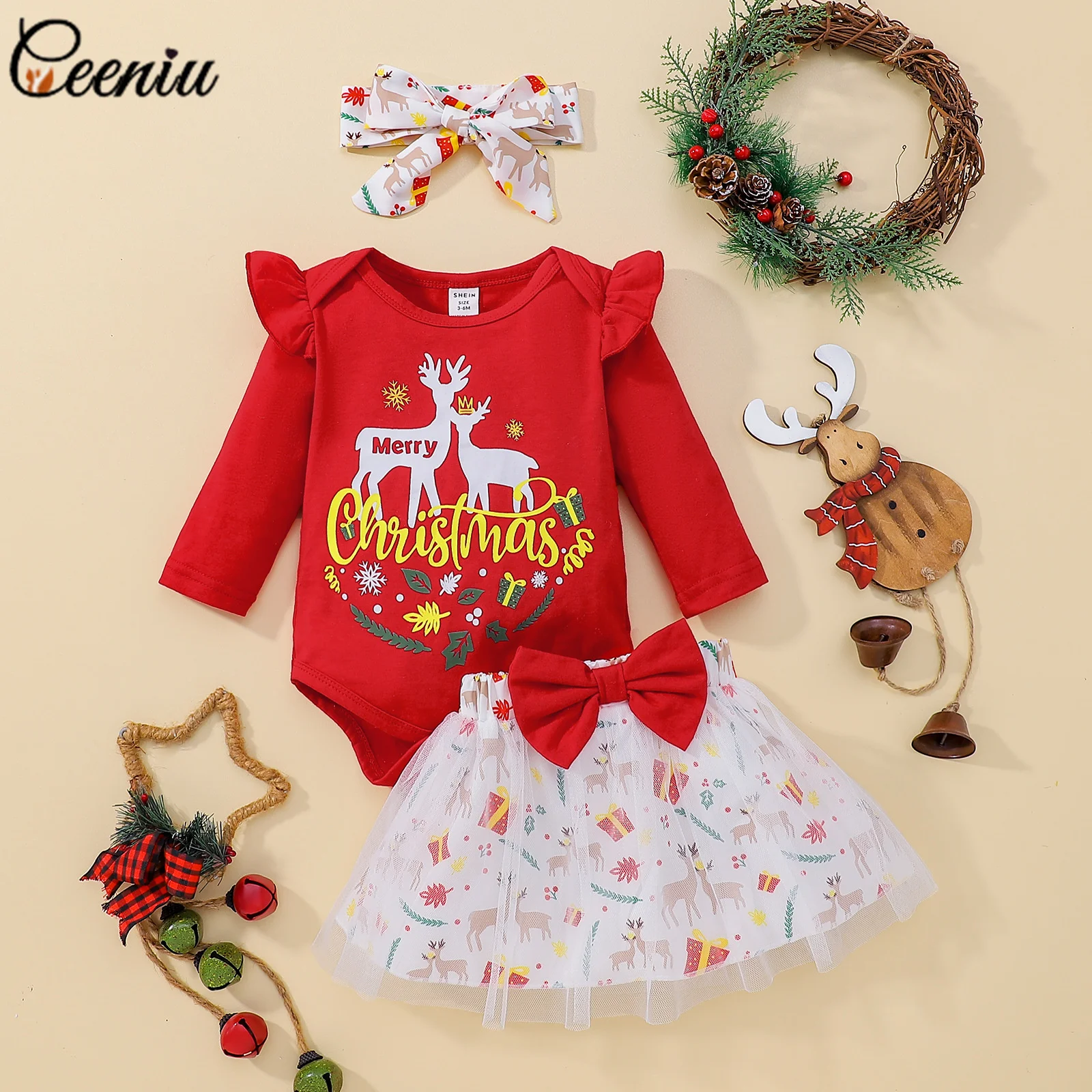 

Ceeniu 3-24M Baby Girls Christmas Outfits Sets Deer Red Bodysuit and Mesh Skirts My First New Year Baby Costume Newborn Toddler
