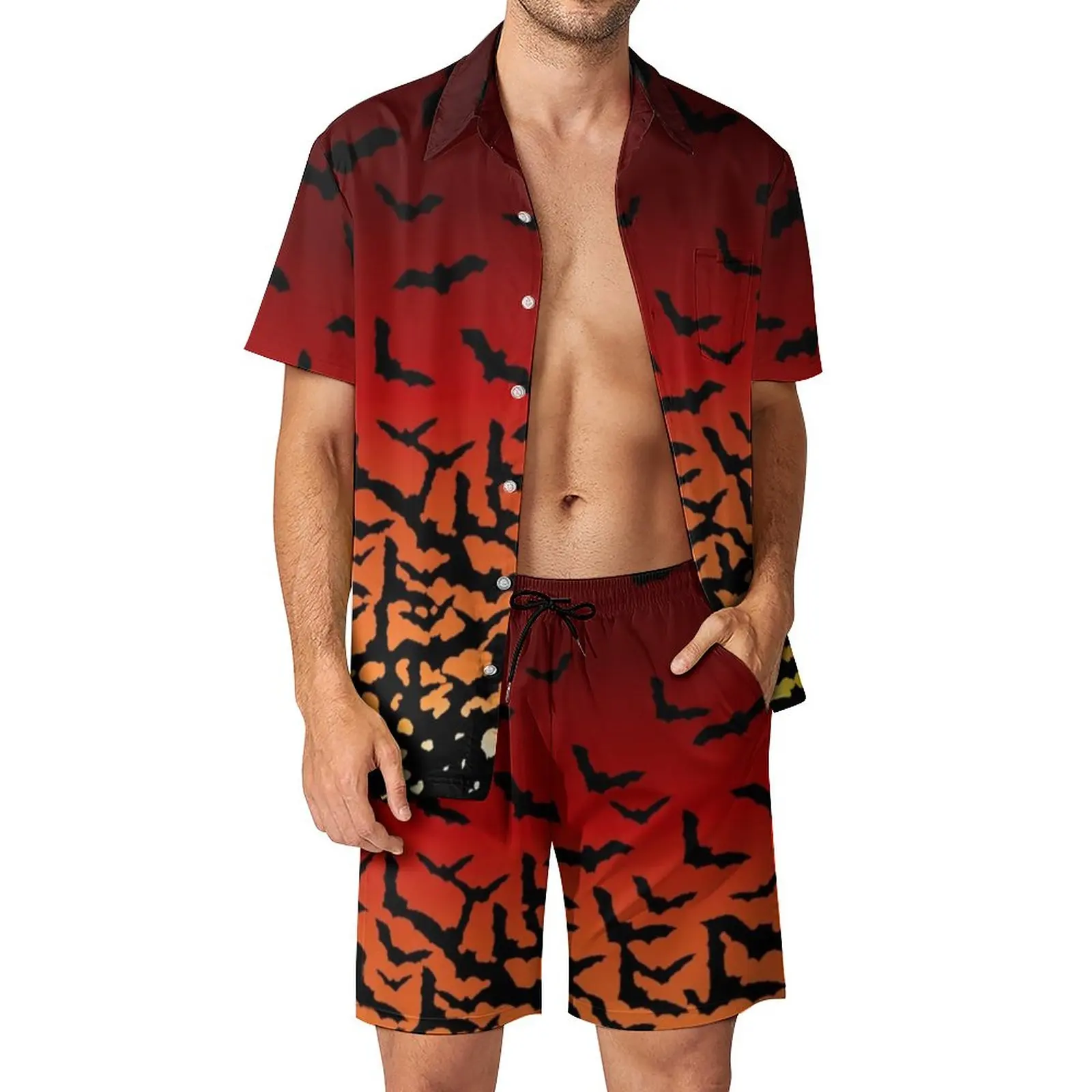 

Bats Sunset Men Sets Spooky Halloween Print Casual Shirt Set Vintage Vacation Shorts Summer Graphic Suit 2 Piece Clothing 3XL