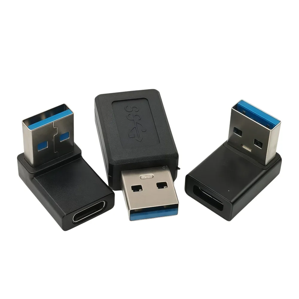 Фото Адаптер USB-C с угловым разъемом 90 градусов (вверх, вниз, влево, вправо), конвертер USB 3.0 A (штекер) в Type-C (гнездо) для зарядки ноутбуков №1