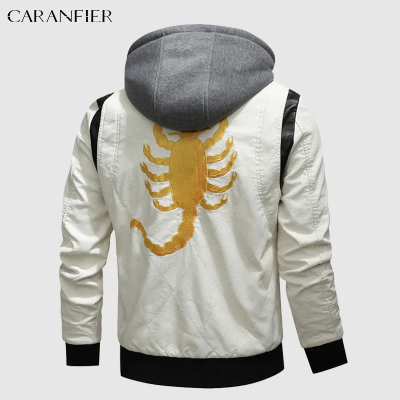 

CARANFIER Men Leather Jackets Male Scorpion Embroidery Moto Coats Mens Clothing PU Winter Windbreaker Outerwear Chaquetas Hombre