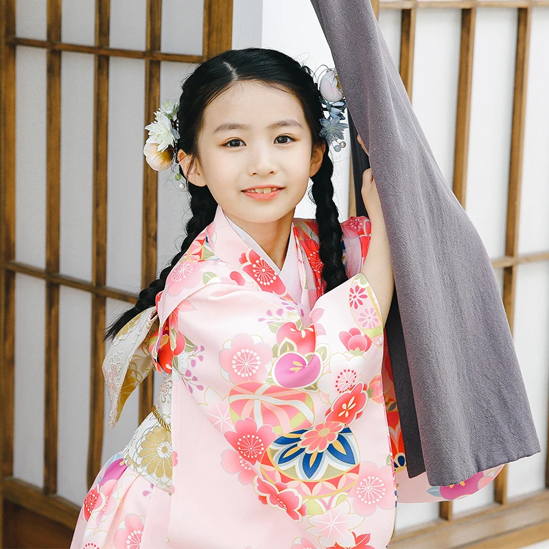 

Japanese Children's Traditional Kimono Pink Floral Prints Girl's Long Dress Kids Stage Performing Wear Photography Dress