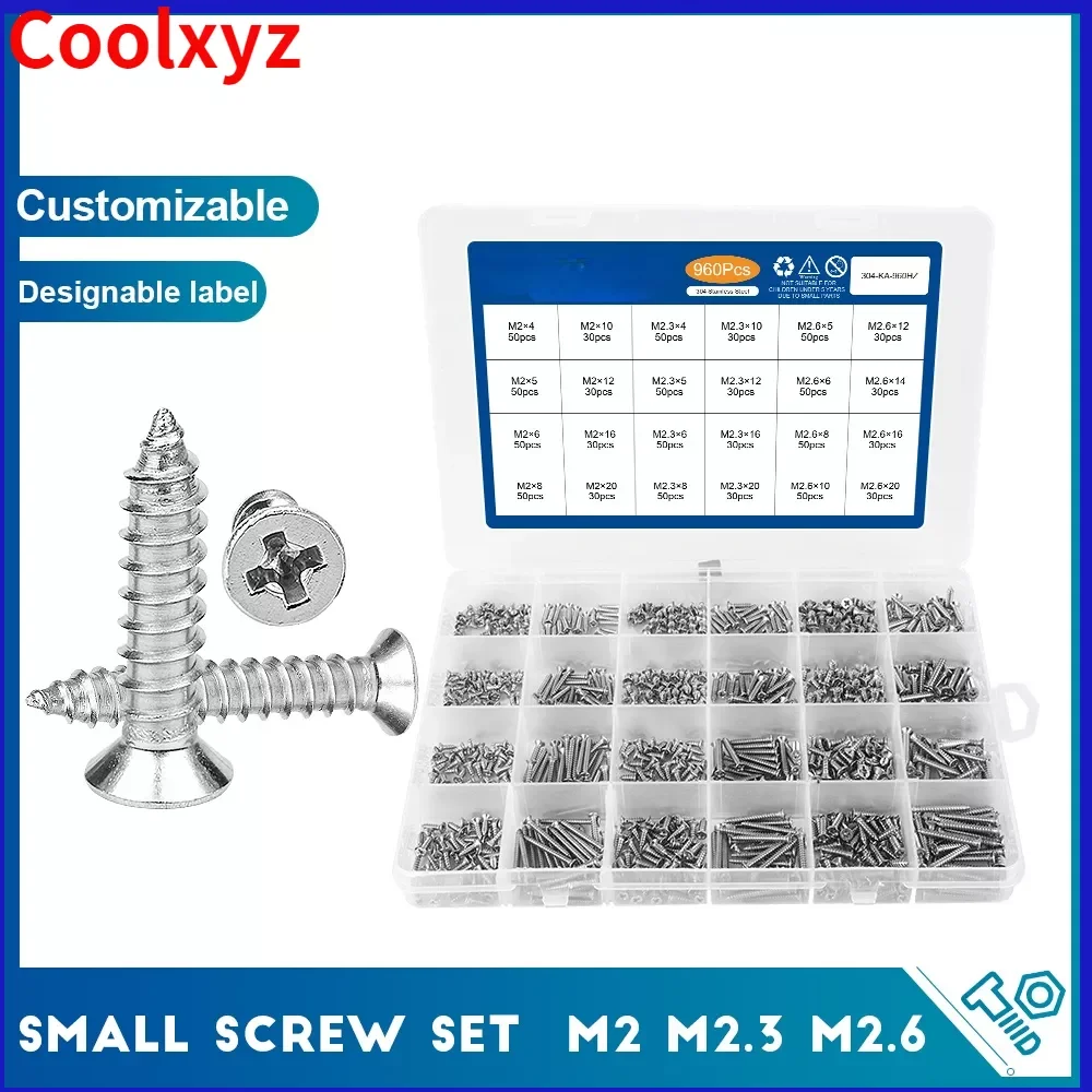

960pcs/set Cross Flat Micro Screw Set Stainless Steel M2 M2.3 M2.6 Self Tapping Small Screw Kit for Laptop Notebook
