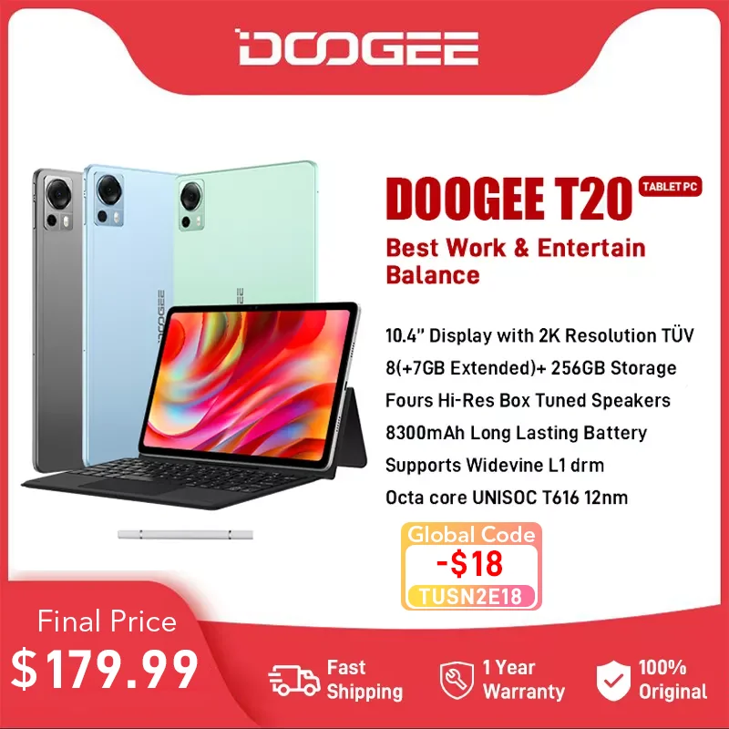 DOOGEE T20 Tablet 10.4''  2K TÜV Certified Display 8GB+256GB Octa Core Widevine L1 Four Hi-Res Speakers 8300mAh