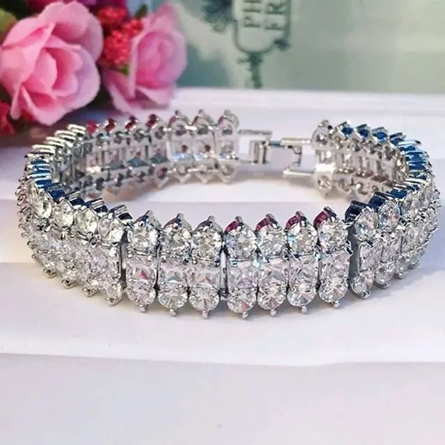 

Fashion Bracelet Double Link Chain Sparking Bling White Cubic Zirconia Wedding Engagement Bridal Gift Jewelry HB17
