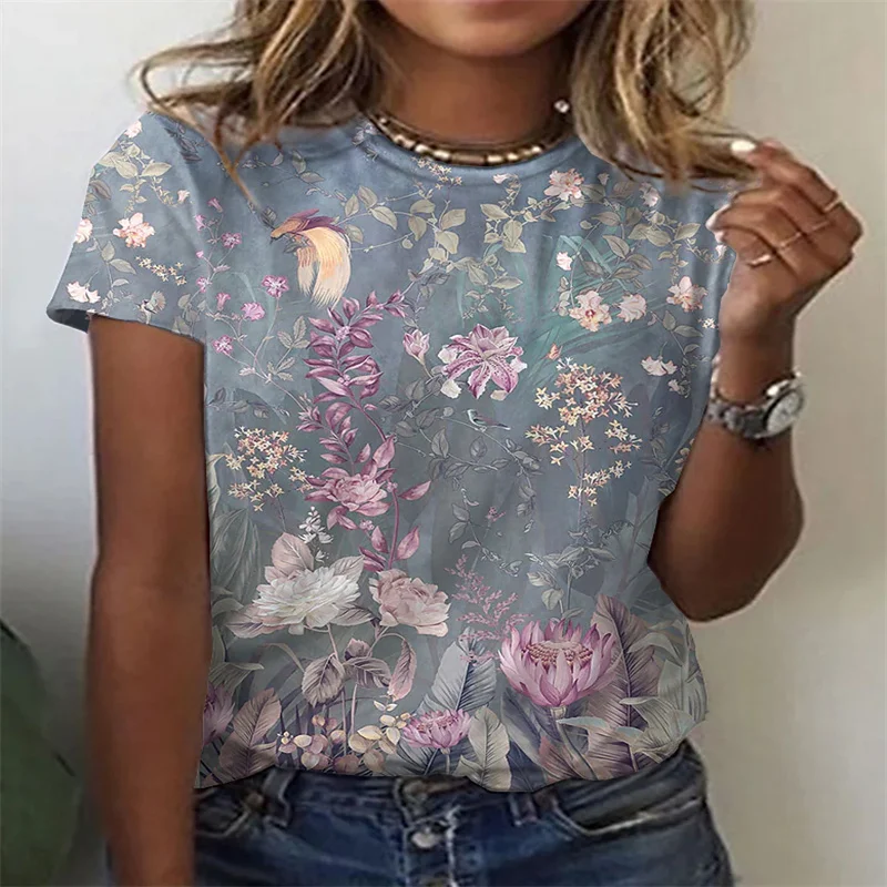 

Len Buck футболка женская цветочная тема Абстрактная живопись летняя с круглым вырезом Повседневная Свободная печать с узором