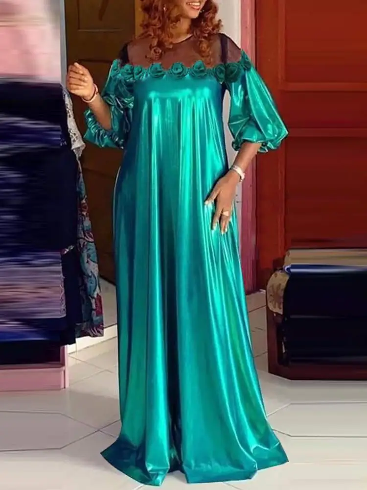 

VONDA Elegant Satin Maxi Dress Women Mesh Patchwork Half Sleeve Long Dress 2022 Summer O Neck Casual Evening Party Vestido Robe