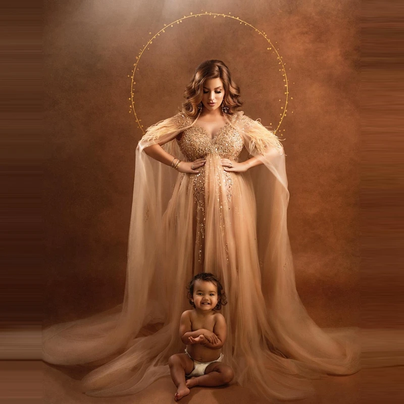 

Изысканное Тюлевое платье для беременных с бисером и перьями Длинная накидка прозрачные сетчатые платья для беременных с V-образным вырезом Индивидуальный Пошив